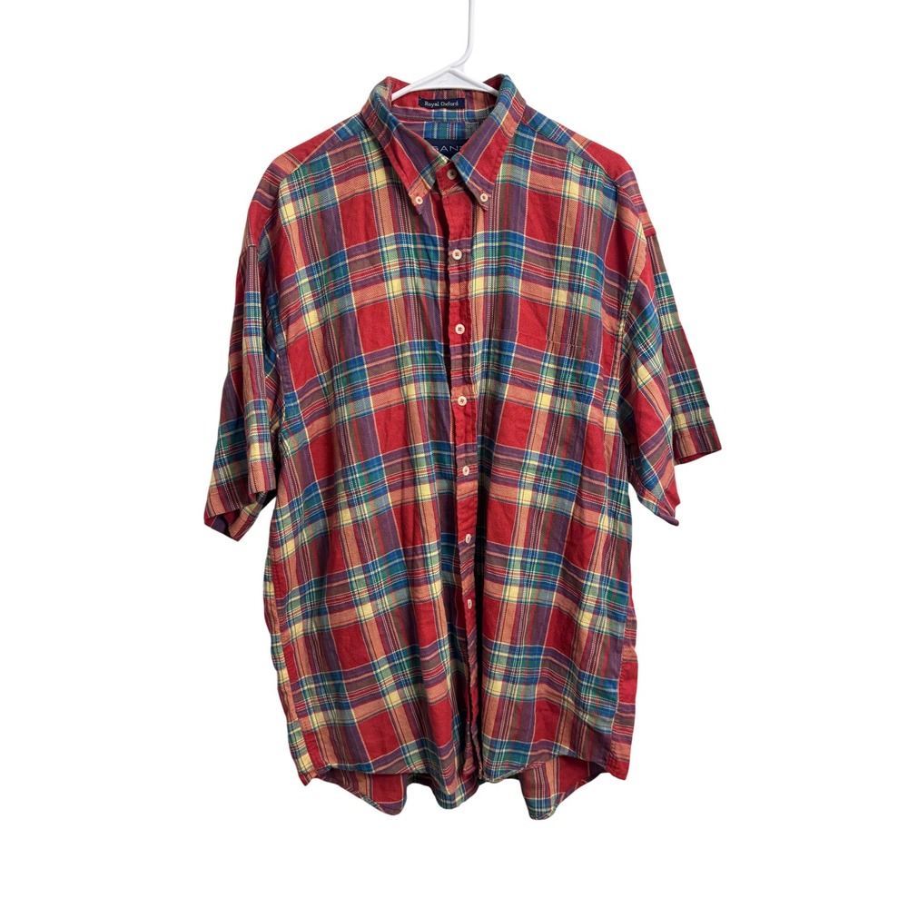 Gant Mens XL Royal Oxford Plaid Short Sleeve Button Down Shirt Red Yellow Blue